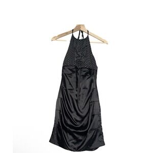 Roberta Mini Dress Womens Sz 3/4 Black Polka Dots Satin Y2K Halter Neck Back Zip